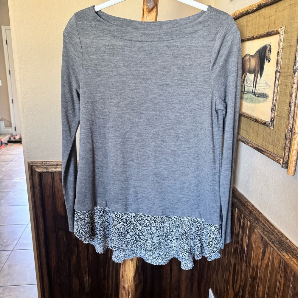 LOFT Gray Long Sleeve Top with Cheetah Animal Print Hem